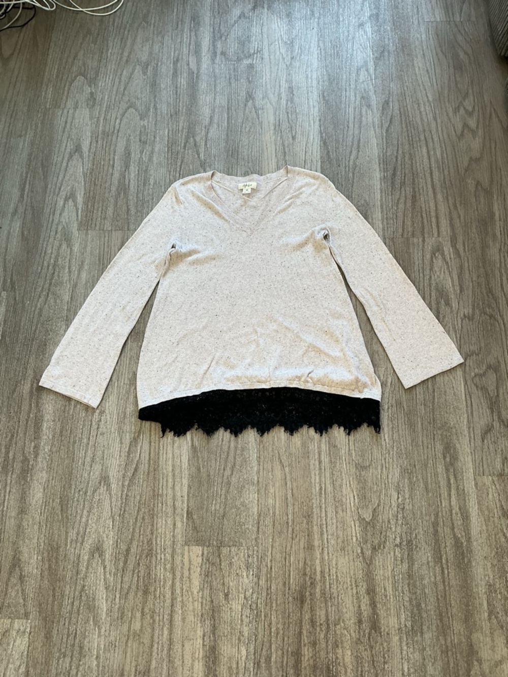Light Beige Long Sleeve V-Neck Top with Black Lace Hem